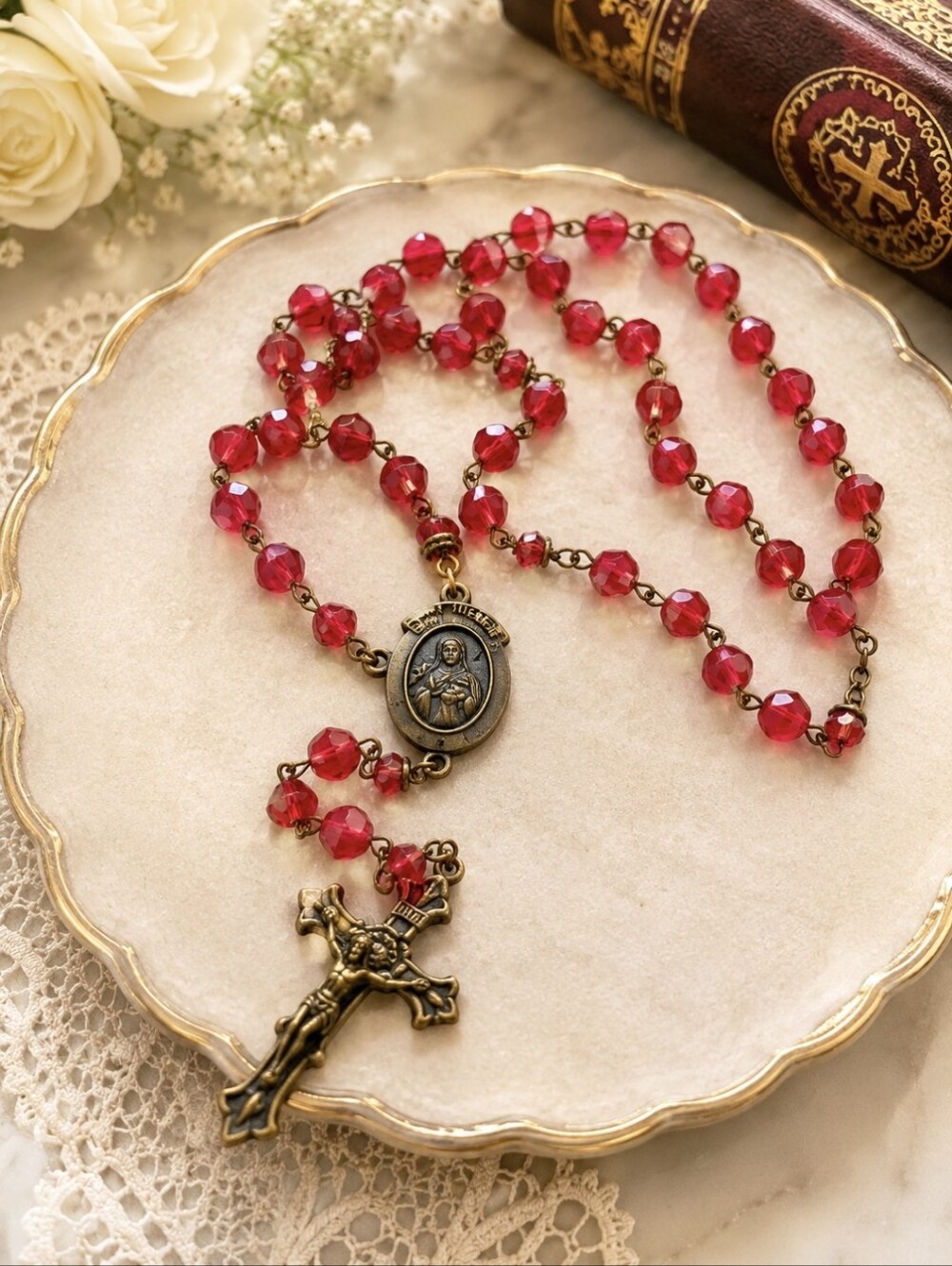 Catholic Red  Beaded Rosary Necklace with Cross Sait Therese
